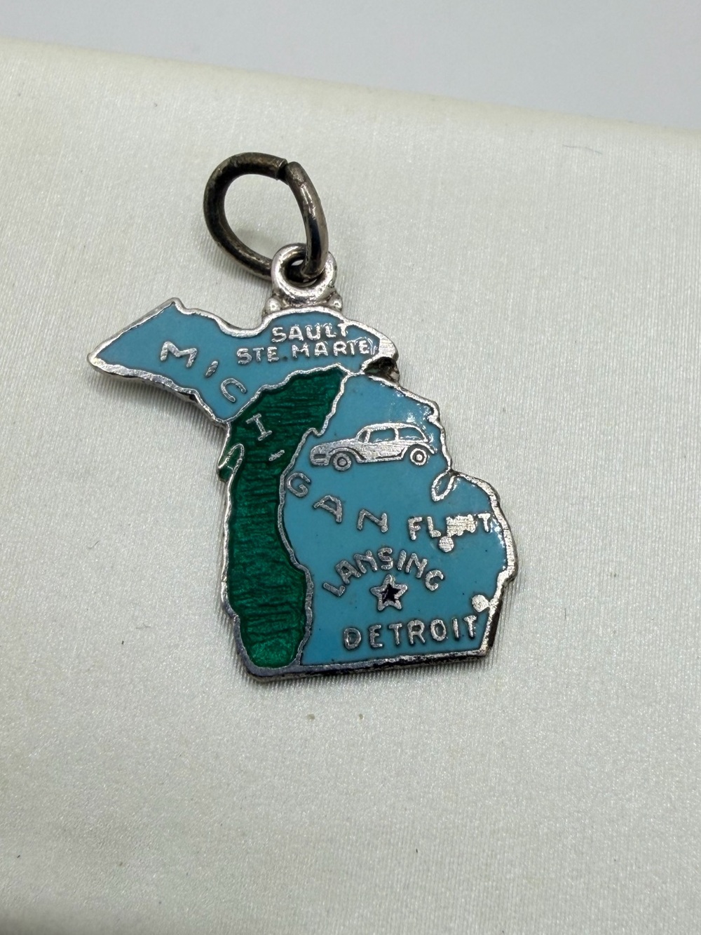 Vintage light blue enamel and sterling silver "Michigan" state charm/pendant!